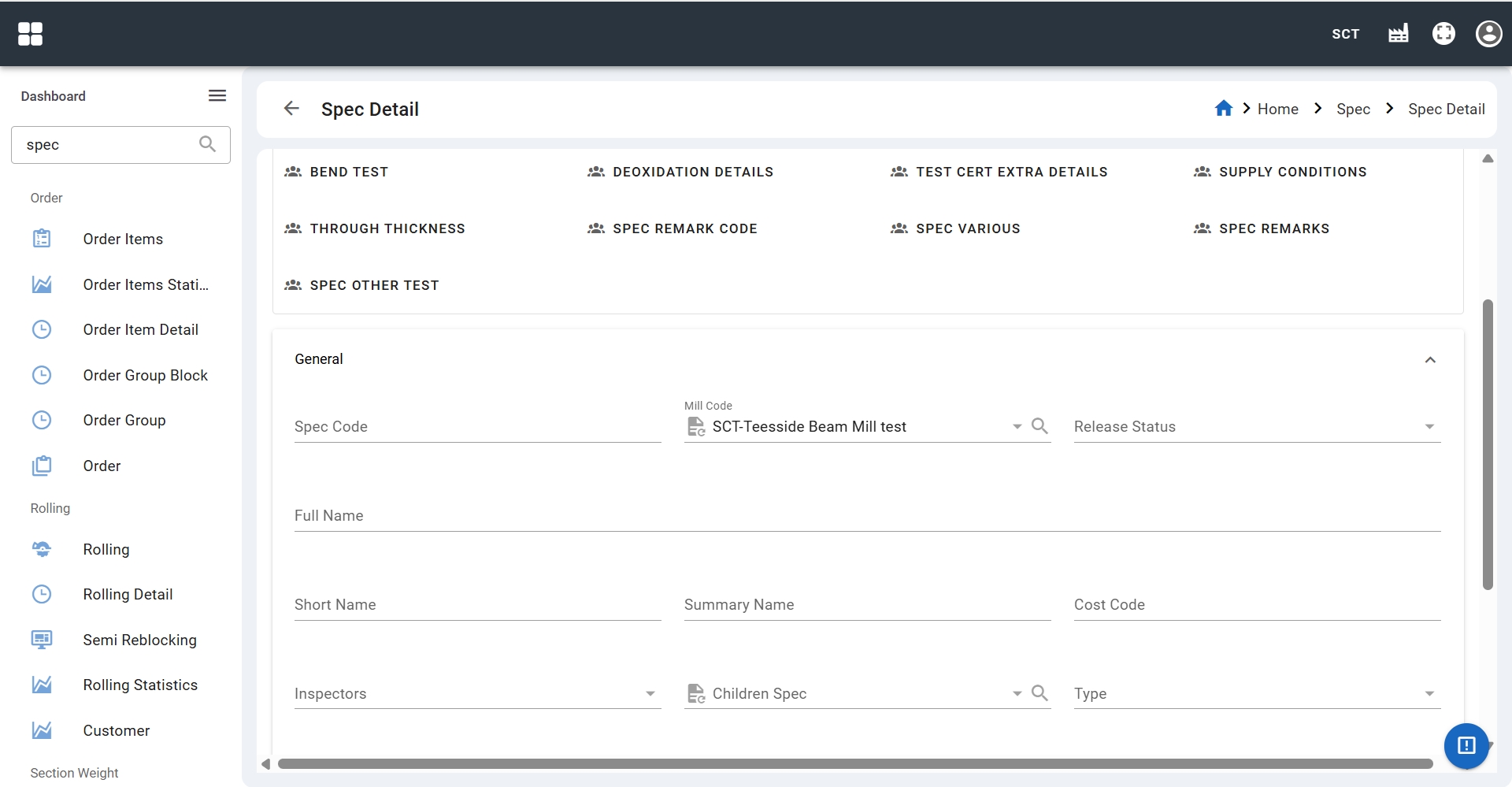 Material specification creation page