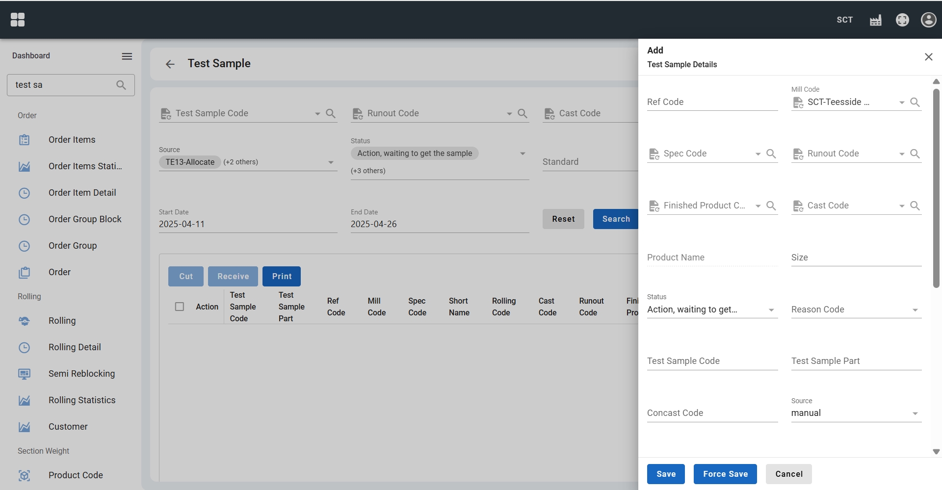 Test sample creation page