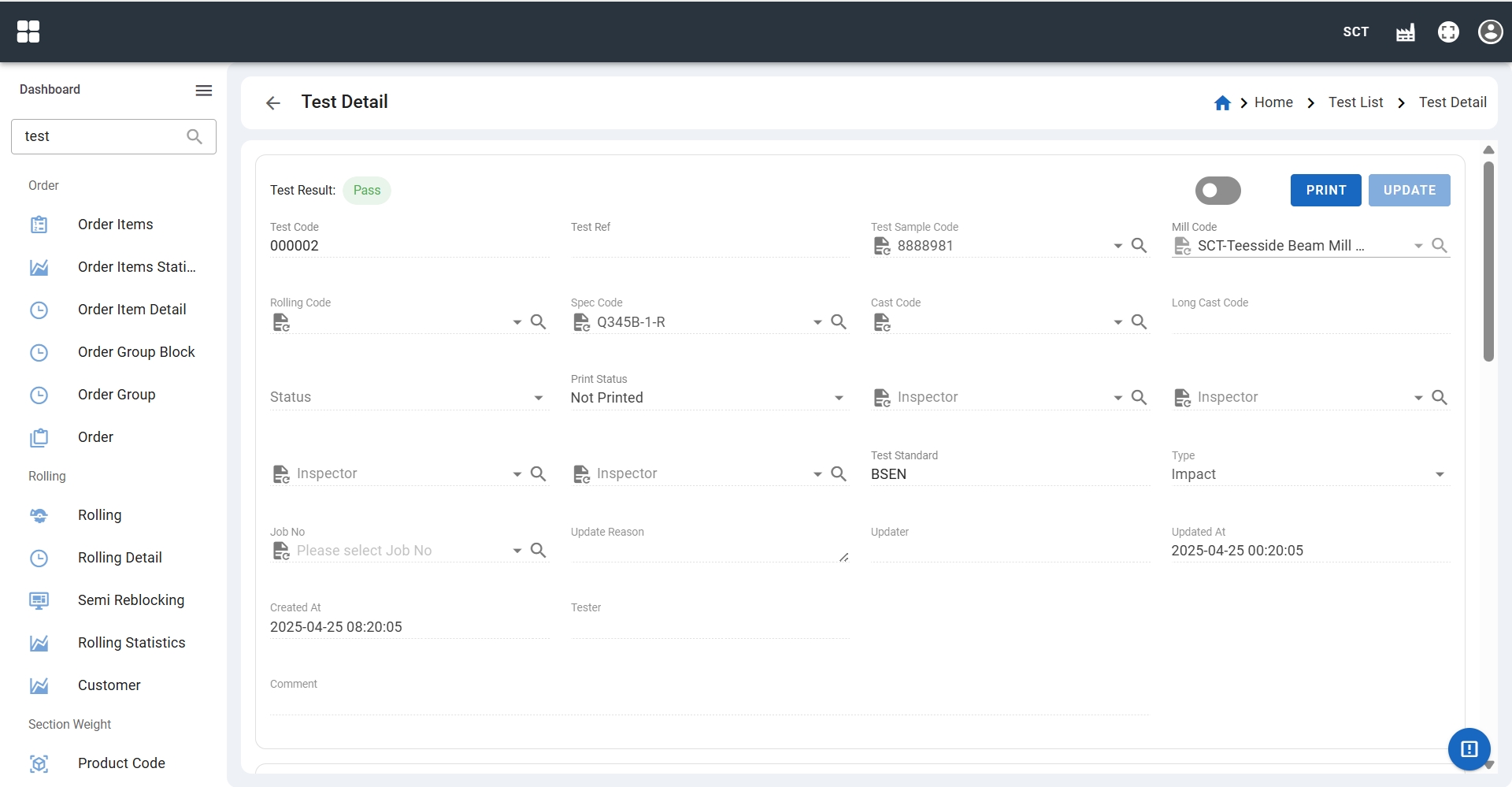 Test detail page